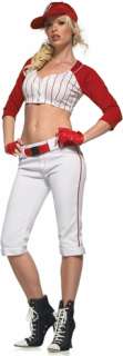 Crop top, capri pants with baseball pocket accents, gloves, belt, hat 