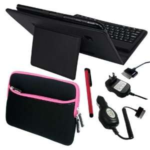 Premium Black Leather Case With Bluetooth Keyboard + Red Touch Screen 