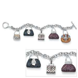   Silver Tone Multi Colored Crystal Purse Charm Bracelet Jewelry