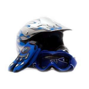 Youth Motocross ATV Dirt Bike MX Helmet, Gloves and Goggles Blue Flame 