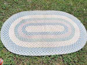 Vintage WOOL BRAIDED Area Rug 6x4 COUNTRY ROUND Blue  