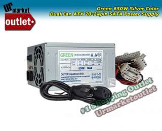 Green 650w Watt Dual Fan ATX Computer Silver PC Power Supply PSU W 