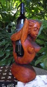 Hand Carved Mahogany Wood Mermaid Wine Bottle Holder Sculpture 