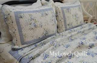 BLUE Country ROSE Embroidery Patchwork Quilted BEDSPREAD Quilt 3pc set 