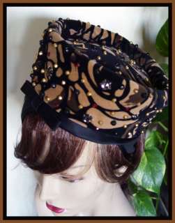 Vintage KEN BLAIR VELVET w Rhinestones & Beads PILL BOX Hat C. 1950s 