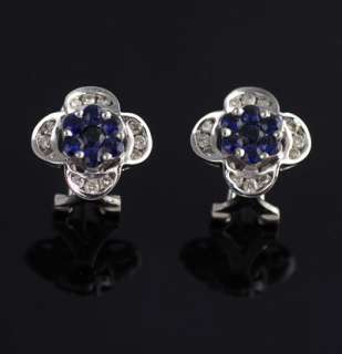 Blue Sapphire Diamond Floral 18k White Gold wg Earrings  