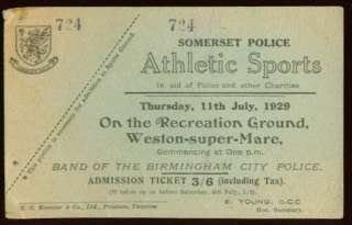 Somerset Police Athletic Sports Weston UK ticket 1929  