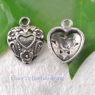 FREE SHIP 100pcs Tibetan Silver Flower Heart shaped Charm Pendents 