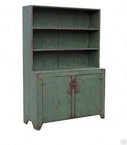COUNTRY PRIMITIVE PAINTED STEP BACK CHINA CABINET HUTCH REPRODUCTION 