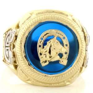    14K Gold Two Tone Sapphire Blue Horseshoe CZ Mens Ring Jewelry