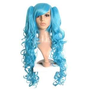  Turquoise Bright Blue Bob Wig with Long Curly Ponytails 