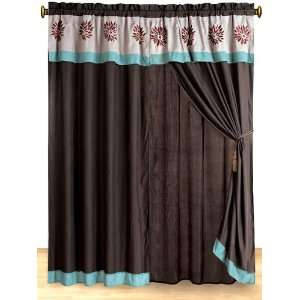 Layer Modern Coffee Brown and Aqua Blue Embroidered Faux Silk Curtain 