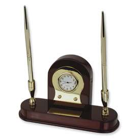 New Desk Accessory Clock Pen Stand w/ Engraving Plate  