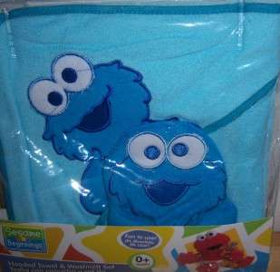 NEW SESAME STREET HOODED TOWEL WITH WASH MITT, Elmo, Cookie Monster 