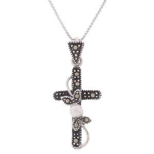    Sterling Silver Marcasite Faux pearl Cross Pendant Jewelry
