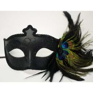    Black Venetian Mask Sparkles Peacock Feathers on Side Toys & Games