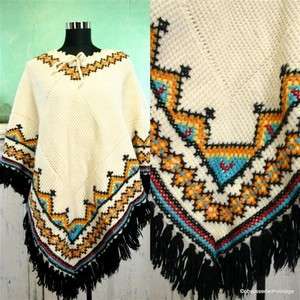 VTG knit crochet cream ethnic shawl dress coat cape  