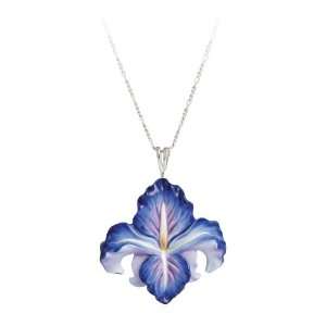   Porcelain Brass Pendant Necklace Blue Iris Flower 