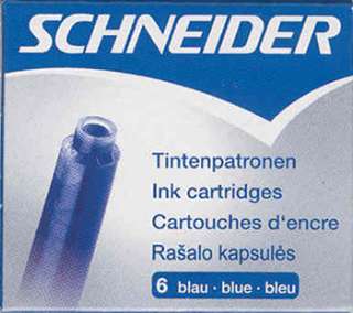 Pk/6 Schneider Fountain Pen Ink Cartridges, Blue  