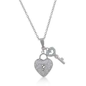  Rhodium Necklace Heart Lock Key CZ Pendant Jewelry