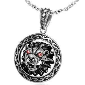   Silver Tone Lion Face Circle of Life Pendant Red Crystals Jewelry