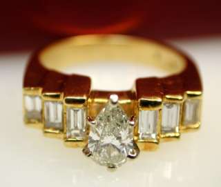 18kt Yellow GOLD PEAR DIAMOND ENGAGEMENT baguetts RING  