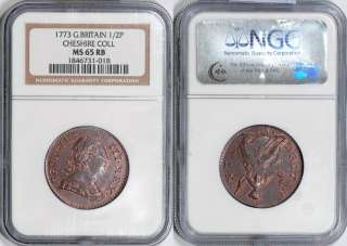 Great Britain 1773 Half Penny NGC MS 65 RB Cheshire Col  