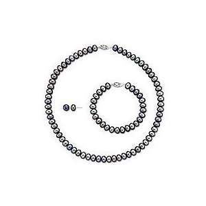   Freshwater Black Pearl Neklace, Bracelet and Earring Set, Knotted