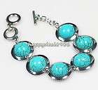 New Silver TURQUOISE flat round gem bead TO link chain bracelet 7
