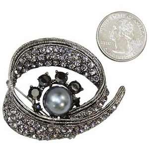   Hematite Tone Rhinestone Faux Pearl And Marcasite Brooch Pin Jewelry