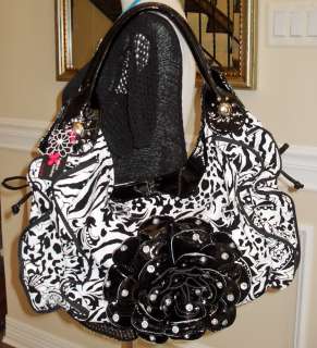 New Black/White Paisley Print, Flower & Ruffle Handbag, Blacks  