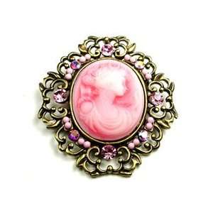    Pink Austrian Rhinestone Lady Cameo Brass Tone Brooch Pin Jewelry