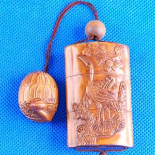 Japanese Carved Wood Boxwood Inro Crane Netsuke Carving  