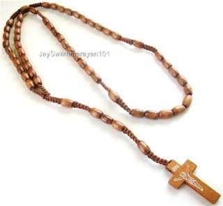 Long Wood Rosary Necklace Beads Mens Wooden Cross Brown  