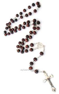 Dark Brown Wooden Beaded Chain Rosary Necklace Silver ton Crucifix