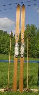 VINTAGE Wooden Skis 82 Long + OLD Bamboo Poles ANTIQUE  